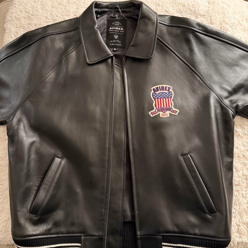 Avirex Black Leather Bomber Jacket with Emblem